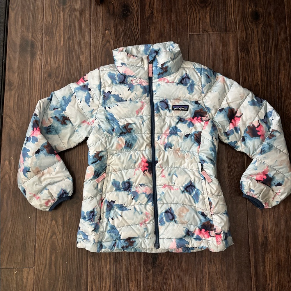 Patagonia Kids Abstract Blue and Pink Puffer Jacket